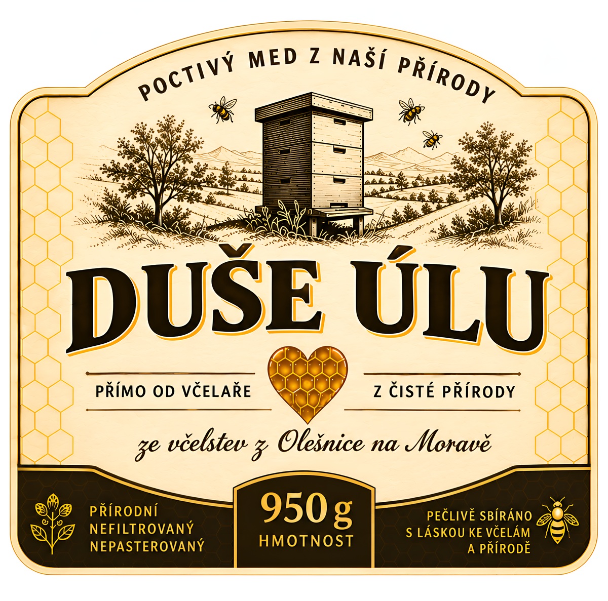 Etiketa med Duše úlu – med přímo od včelaře z Olešnice na Moravě, 950 g